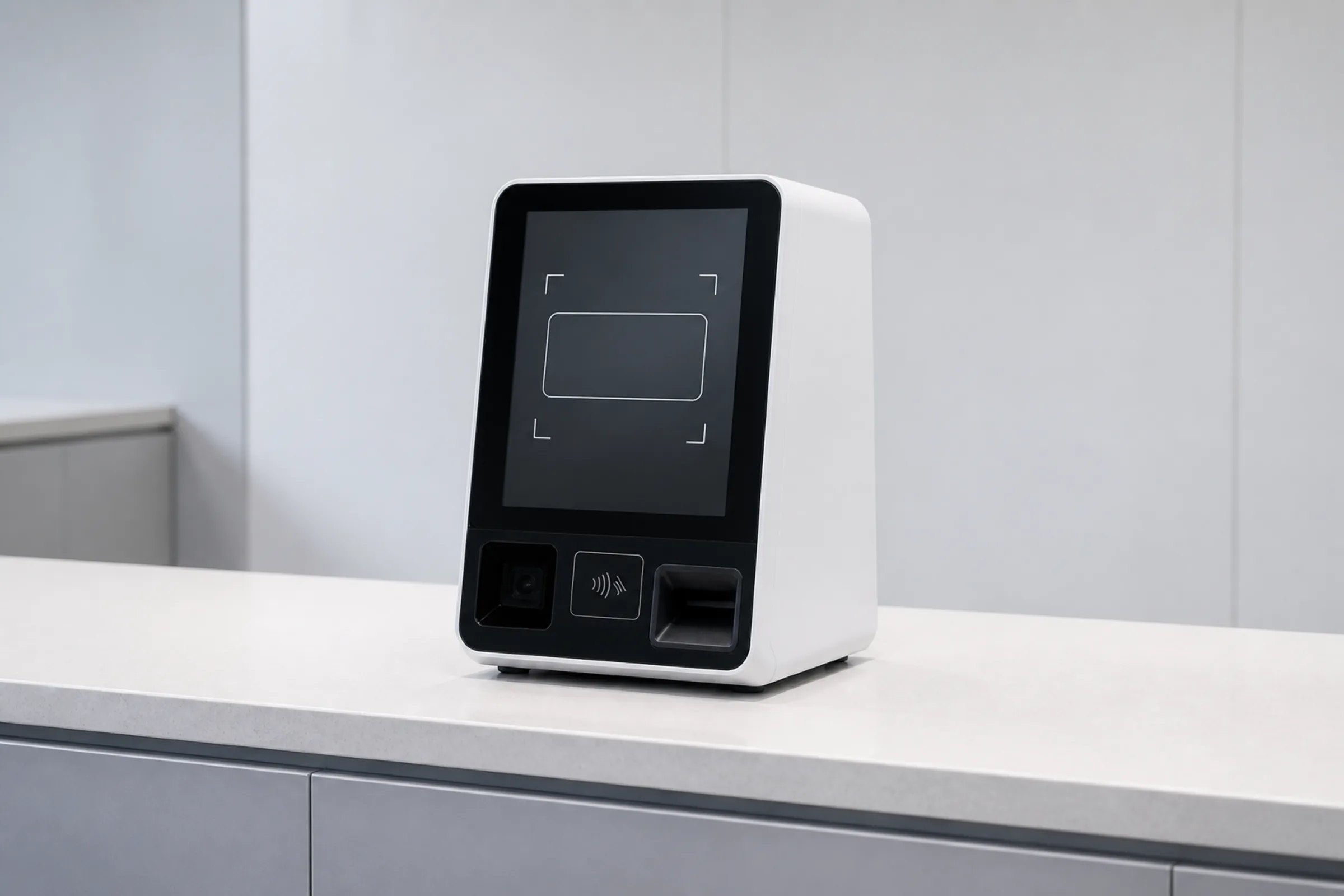 A compact white countertop vending unit standing on an empty retail counter, with a small touchscreen showing an ID scan frame, a scanner window and a contactless reader on the front.