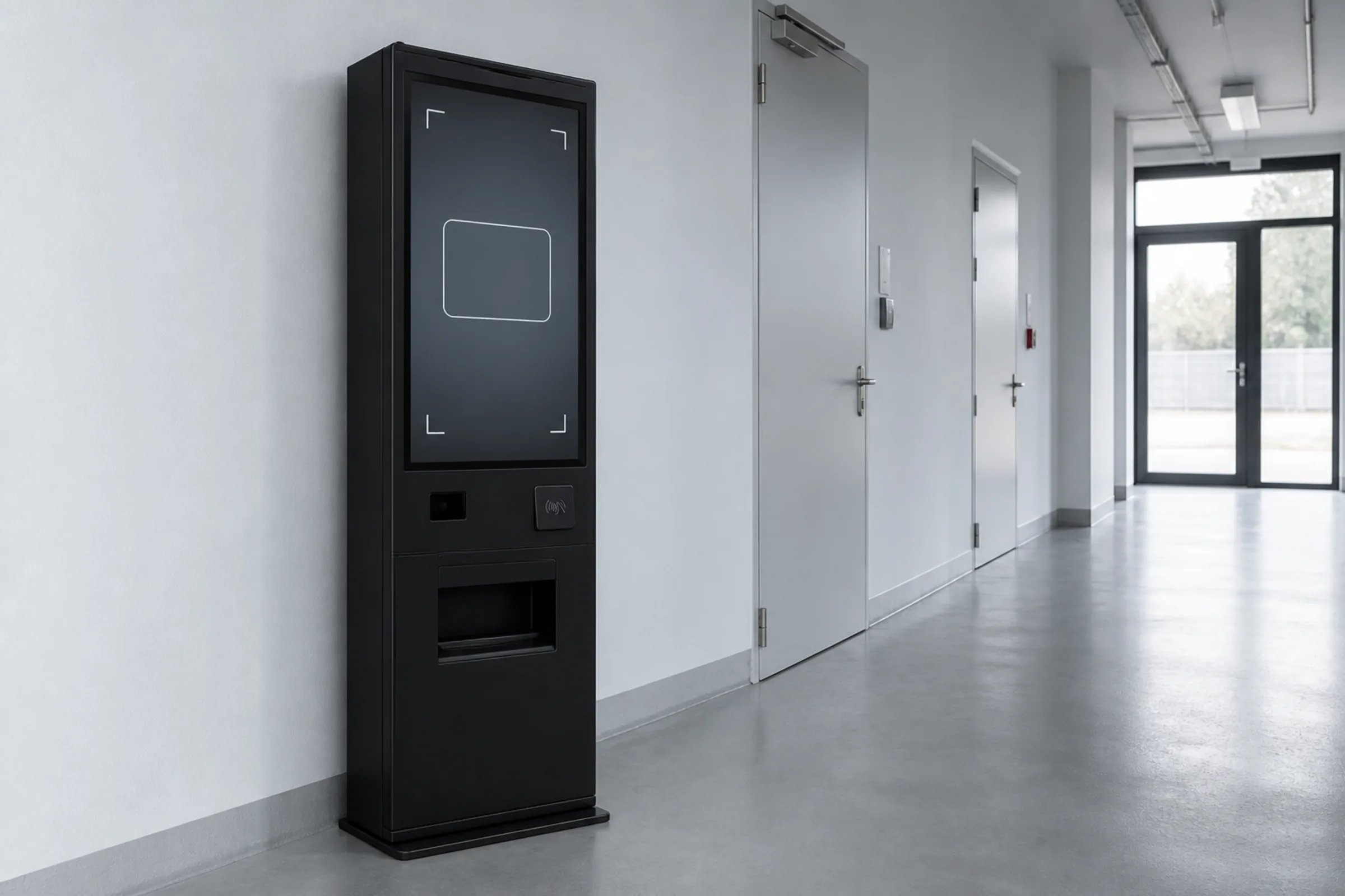 A floor-standing matte black vending kiosk with a tall portrait touchscreen showing an ID scan frame, standing against the wall of an empty service corridor with a polished concrete floor.