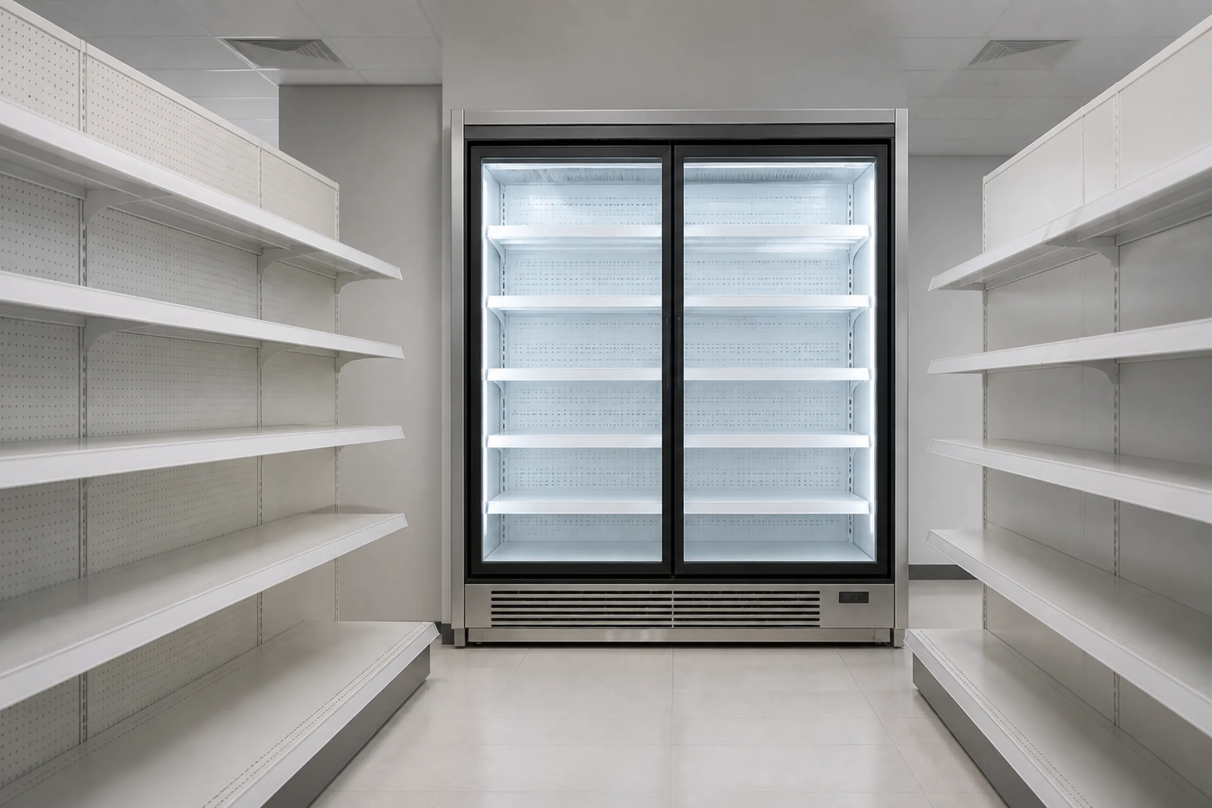 An unbranded glass-fronted refrigerated display unit with empty shelves, standing at the end of a shop aisle under cool retail lighting.
