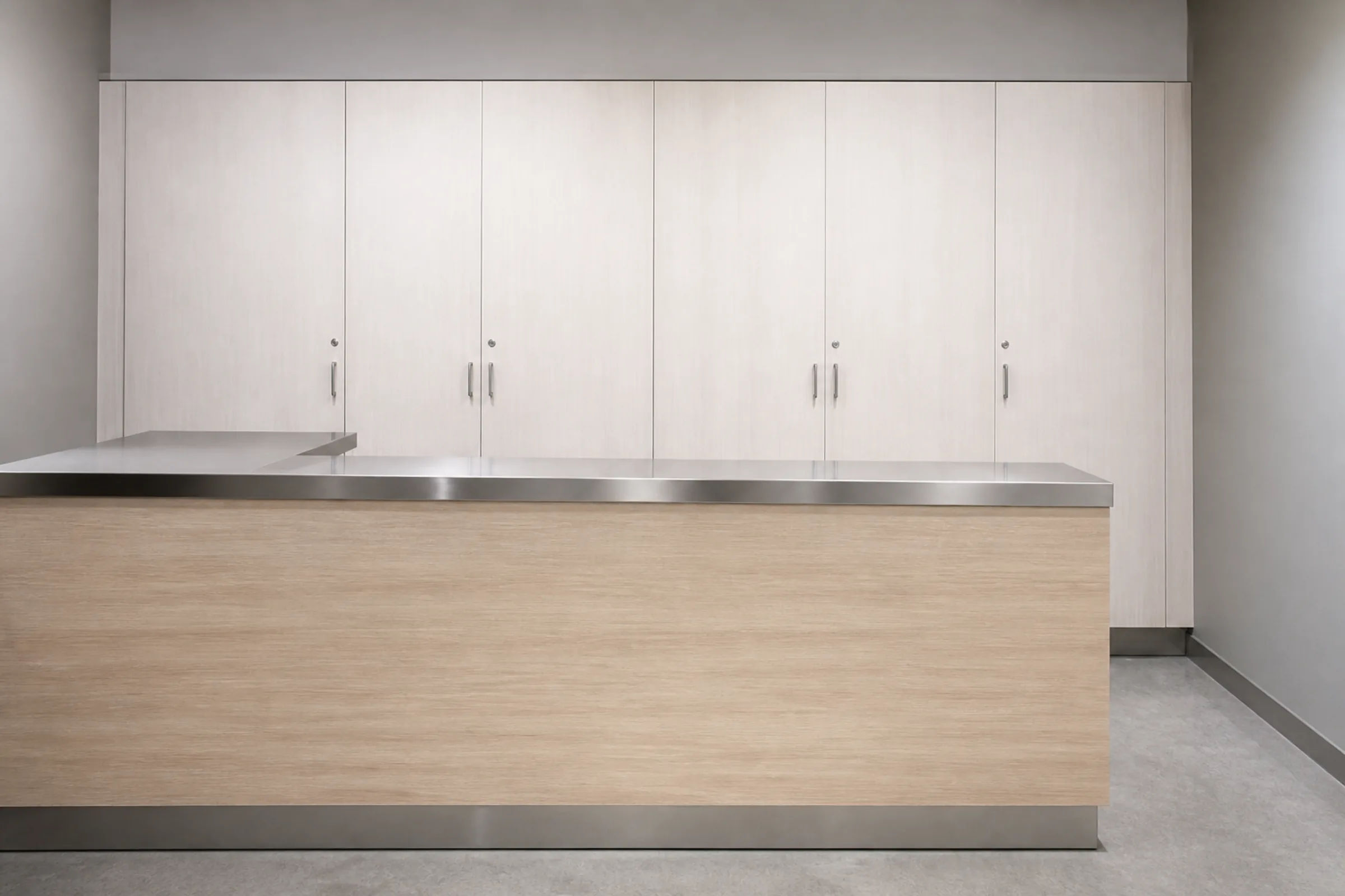 A shop counter with a plain closed storage cabinet behind it, its doors shut and no products visible anywhere in the frame.
