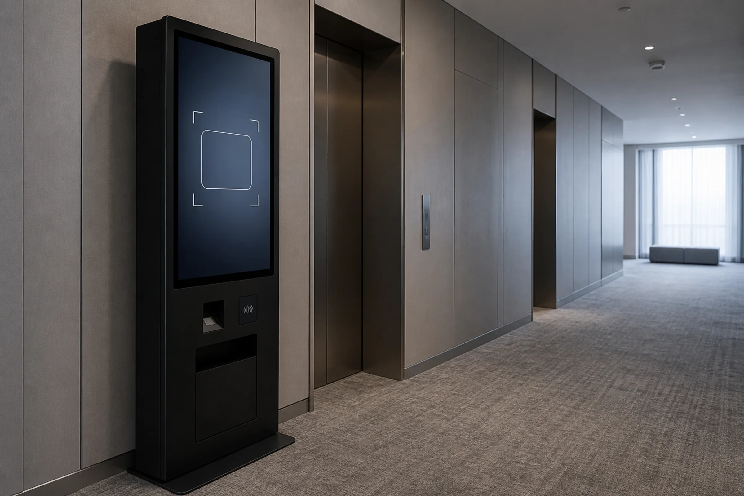 A floor-standing vending kiosk at the edge of a quiet hotel corridor beside the lifts, its portrait screen showing an ID scan frame, with panelled walls and carpet.