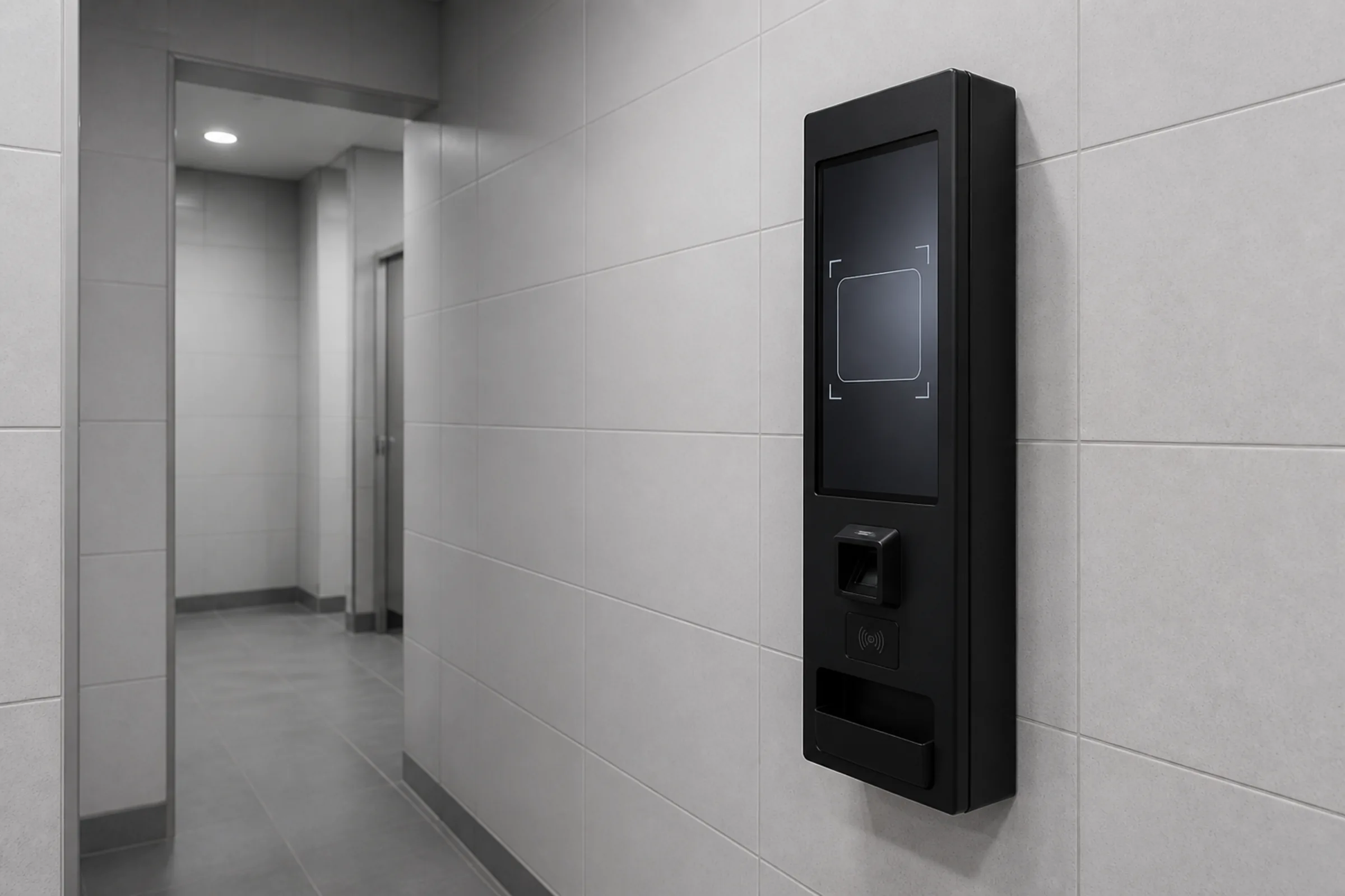 A slim wall-mounted vending unit fixed to a tiled wall at chest height in a washroom corridor, with a narrow portrait touchscreen, a document-scanner window and a dispensing slot beneath.